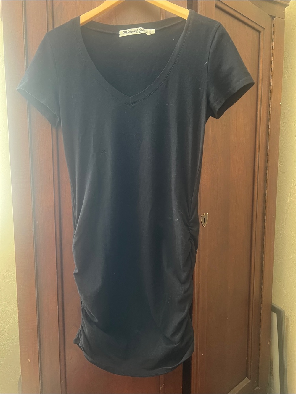 MICHAEL STARS Ruched V-Neck Tee Dress L